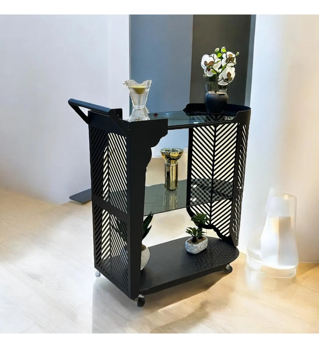 Serving cart with 3 floors, glass on iron